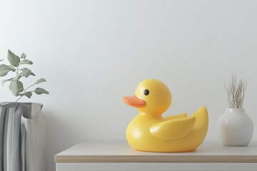 Poster - Yellow Rubber Duck on White Surface Minimalist Scene