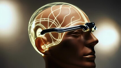 Neural pathways glowing brightly on mannequin head, representing advanced brain computer interface technology with cutting edge visualization of neurological interactions