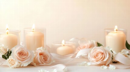 Aufkleber - Soft candlelight illuminates delicate roses on a simple table for a serene and romantic setting. Generative AI
