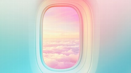 Aufkleber - Vibrant pastel hues seen through an airplane window during sunrise above fluffy clouds. Generative AI