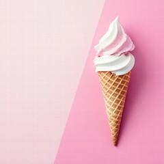 Aufkleber - Creamy soft serve ice cream in waffle cone against a pink backdrop during a warm afternoon. Generative AI