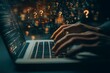 © Shelley - A close-up of hands typing on a keyboard, with floating question marks above. The blurred background emphasizes the action, while shadowing and dark lighting evoke intensity in online communication.