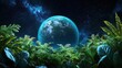 © ADD PHOTO - Cosmic Aromatherapy Garden in a Mystical Intergalactic Landscape   A surreal fantasy scene of a lush tropical garden set against a backdrop of a glowing ethereal planet and a starry cosmic sky