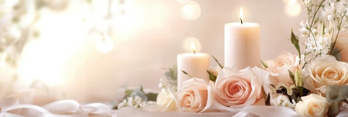 Aufkleber - Elegant floral arrangement with candles in soft lighting for a serene atmosphere. Generative AI
