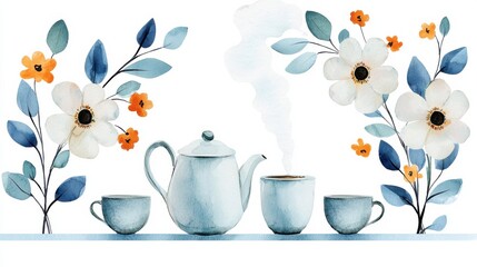 Poster - Delicate Watercolor Painting of a Floral Arrangement with a Teapot Cups and Saucers on a Rustic Wooden Tabletop  The Soft Muted Colors and Organic Shapes Create a Peaceful