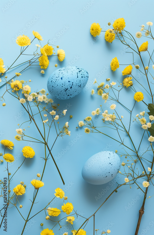 Easter themed background with blue eggs and yellow flowers for Easter