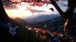 © AYB - Serene sunset view with blooming flowers and distant mountains under a colorful sky