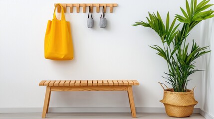 Canvas Print - A serene and minimalist hallway design featuring a wooden bench potted plant and wall mounted organizer creating a clean contemporary and inviting atmosphere in this cozy home interior