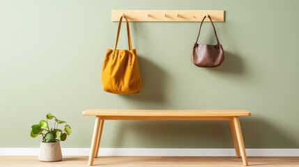 Poster - A peaceful and serene minimalist hallway interior featuring a wooden bench and shelf displaying natural decor elements like a plant and vase  The clean simple