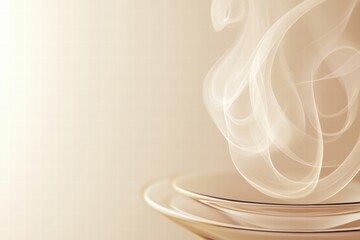 Leinwandbilder - Steam rises gracefully from a white dish on a textured beige background in a serene kitchen setting. Generative AI