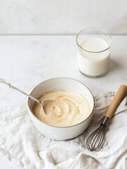 Aufkleber - Whipped dessert mixture in a bowl with a glass of milk on a countertop in a home kitchen setting. Generative AI