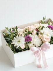 Aufkleber - Beautiful white and pink flower arrangement in a gift box with a soft ribbon for a special occasion. Generative AI