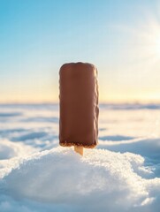 Aufkleber - Chocolate covered ice cream stick standing in snow during sunset on a chilly winter evening. Generative AI