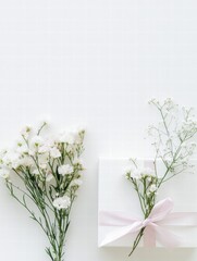 Poster - Elegant gift wrapping with delicate flowers arranged on a clean white background. Generative AI