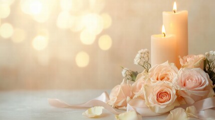 Poster - Elegant arrangement of white candles and soft pink roses creating a serene atmosphere for a celebration. Generative AI