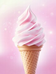 Aufkleber - Delicious soft serve ice cream in a cone with a pink swirl on a soft background. Generative AI