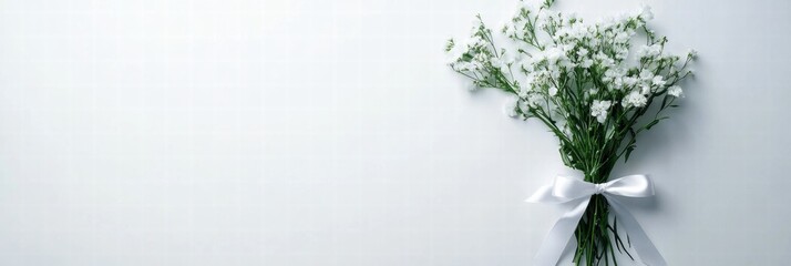 Poster - Delicate bouquet of white flowers tied with ribbon on a light background in a serene setting. Generative AI