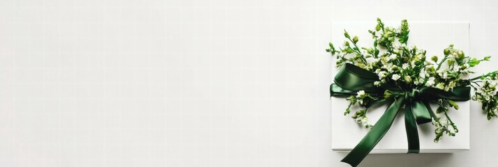 Poster - Gift box adorned with green flowers and bow on a light background, ready for a special occasion in a serene setting. Generative AI
