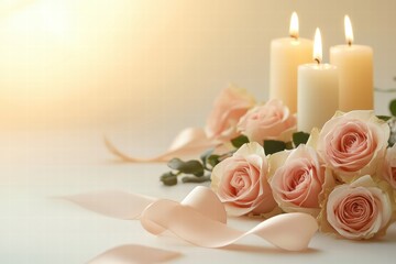 Aufkleber - Elegant arrangement of pink roses and candles set for a romantic atmosphere during an evening celebration. Generative AI