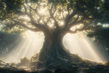 Poster - Ancient tree, sun rays, forest, mystical, fantasy art, nature background