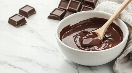 Poster - Melting dark chocolate in a bowl with wooden spoon and chocolate squares on marble counter. Generative AI