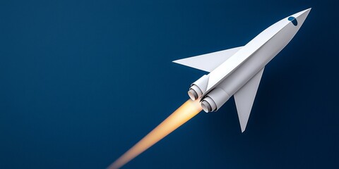 Wall Mural - A sleek rocket ascends against a deep blue backdrop, leaving a trail of flames, symbolizing innovation and exploration.