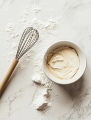 Aufkleber - Delicious baking setup featuring a whisk and a bowl of smooth batter on a marble countertop with flour scattered around. Generative AI