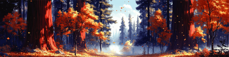 Wall Mural - Stunning Vector Illustration of Autumn Forest with Majestic Tall Trees, Vibrant Orange and Red Foliage, Falling Leaves, and Serene Misty Atmosphere