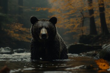 Canvas Print - Brown bear in autumn forest stream