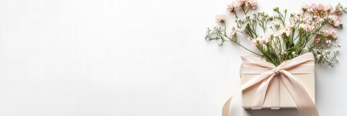Poster - Elegant gift box with fresh flowers and ribbon arranged on a light background for a special occasion. Generative AI