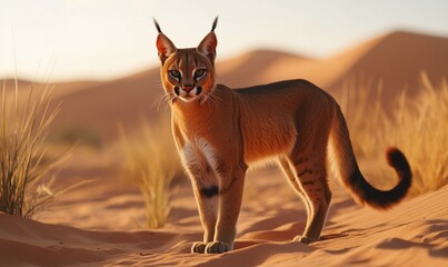 Poster - Caracal in desert sunset; dunes background. Wildlife photography for nature documentaries