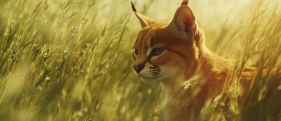 Poster - Caracal in tall grass, sunset, wildlife