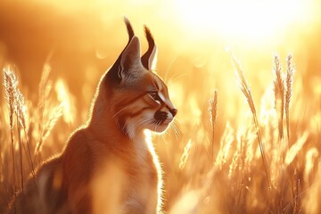 Canvas Print - Caracal sunset grassland, golden hour, wildlife