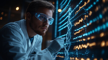 Male scientist analyzes data on digital display using advanced technology in modern laboratory setting