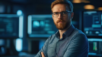 A focused young European male software developer stands confidently in a modern tech workspace, surrounded by screens displaying data and coding interfaces.
