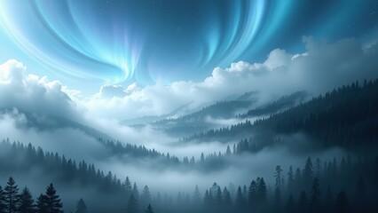 Aurora Borealis over Misty Mountain Forest at Night