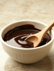 Poster - Rich chocolate sauce prepared in a white bowl with wooden spoon on a kitchen counter. Generative AI