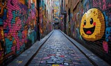 Colorful graffiti alleyway, urban art, city street