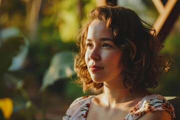 Wall Mural - Portrait of a beautiful girl with curly hair in a summer park