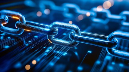 Close-up view of a digital chain link representing blockchain technology with glowing elements and abstract data patterns