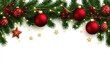 © arthit - A realistic border with green fir branches, bright red balls, berries, golden twinkling lights, and stars isolated on a transparent background