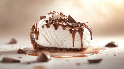 Aufkleber - Delicious chocolate cream pie with drizzled chocolate and chocolate shavings on top placed on a neutral background. Generative AI