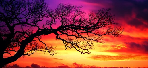 Canvas Print - Fiery sunset sky, silhouetted tree, vibrant colors