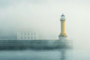 Poster - Foggy lighthouse, coastal building, calm sea