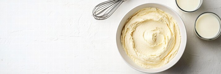 Poster - Creamy mixture and dairy ingredients ready for baking in a cozy kitchen setting during daylight. Generative AI