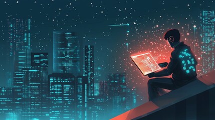 Digital cityscape at night with figure using glowing device and data streams flowing over urban scene