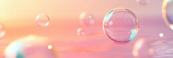 Poster - Colorful soap bubbles floating softly above water in a serene pastel background during sunset. Generative AI