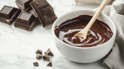 Poster - Melting dark chocolate with bars and chips on a marble countertop. Generative AI