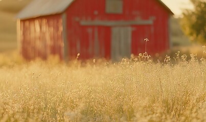 Poster - Golden sunset, red barn, field, rural landscape, farm