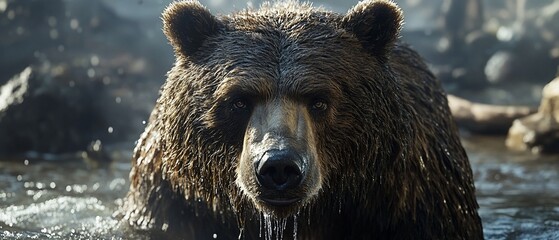 Poster - Grizzly bear in river, rocky background, wildlife